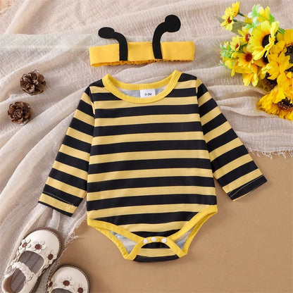 Herbst-Outfit für Baby-Mädchen – 3-teilig: Langarm-Romper mit Flügelärmeln, Trägerkleid mit Bienen-/Marienkäfer-Stickerei & Haarband – von Faithtur