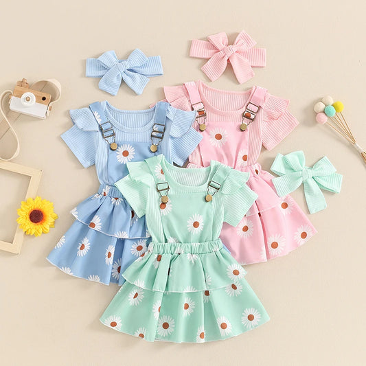 Frühlings-Outfit für Baby-Mädchen – 3-teilig: Kurzarm-Ripp-Body, Trägerrock & Haarband – von Pudcoco (0–18 Monate)