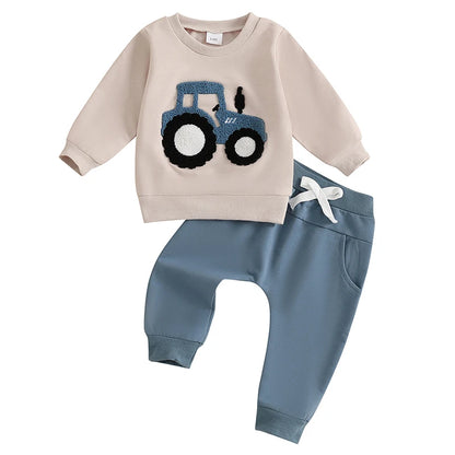 Jungen-Set für Frühling & Herbst – 2-teilig: Sweatshirt mit Traktor-Stickerei & einfarbige Hose – von Lioraitiin (0–3 Jahre)