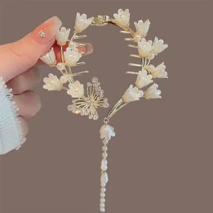 Elegante Haarkralle mit Blumen-Quaste – Schmetterling, Strass & Perlen – Haarclip für Damen | Dutt- & Zopfhalter Accessoire
