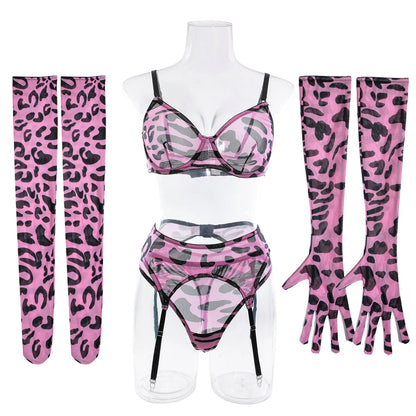 Sexy Lingerie Set in Pink Leopard Mesh – BH, Handschuhe & Beinlinge