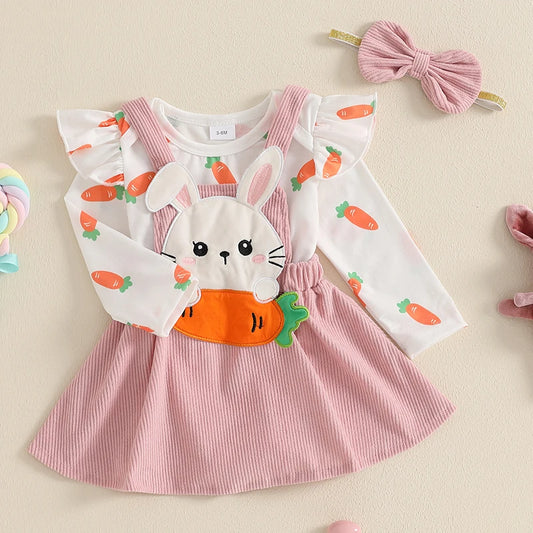 Oster-Outfit für Baby-Mädchen – 3-teilig: Karotten-Body mit langen Ärmeln, Hasen-Trägerrock & Haarband – von FOCUSNORM (0–18 Monate)