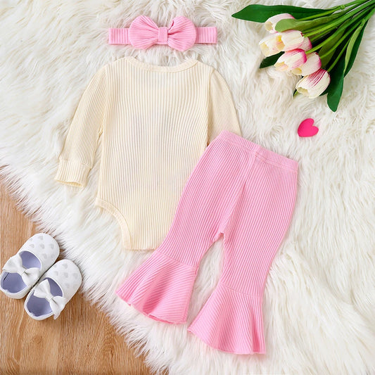 Herbst-Outfit für Baby-Mädchen (0–18 Monate) – 3-teilig: Langarm-Body mit Stickschrift, Schlaghose & Haarband – von Pudcoco