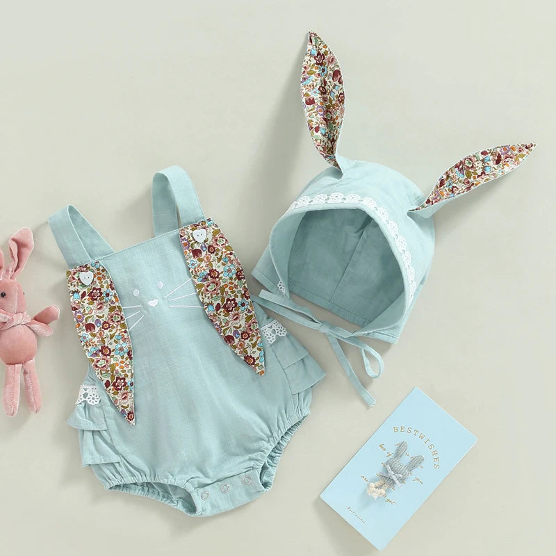 2-teiliges Sommer-Outfit für Baby Mädchen – Ärmelloser Floral-Print Romper mit Hasenohren & Cartoon-Hut – Perfekt für Ostern (0–18 Monate)