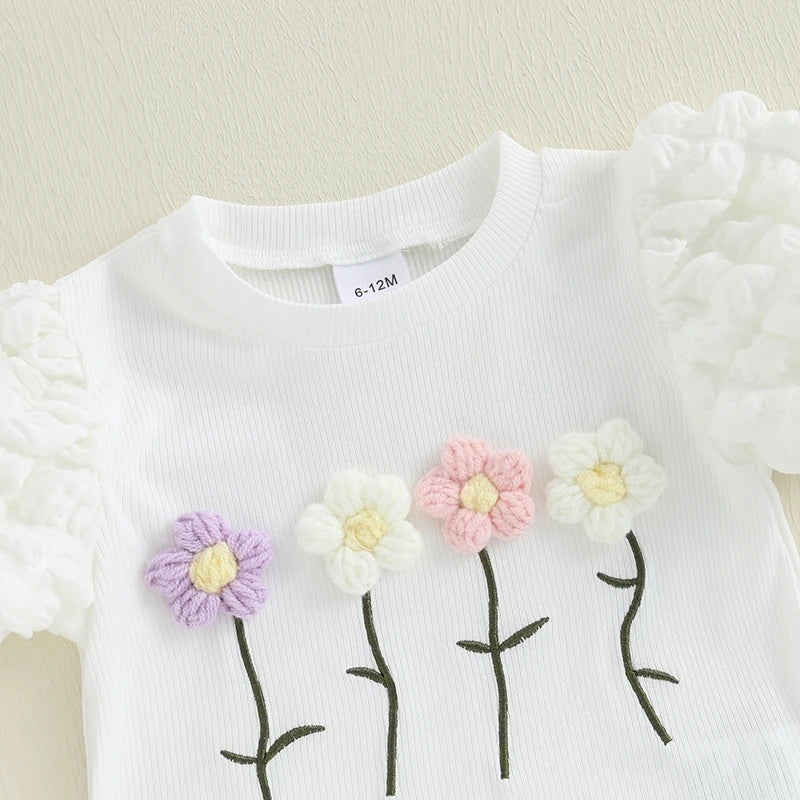 Sommer-Outfit für Kleinkinder Mädchen (6M–4J) – Häkelblumen T-Shirt mit Puffärmeln & A-Linien-Rock + Haarband