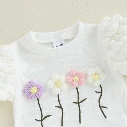 Sommer-Outfit für Kleinkinder Mädchen (6M–4J) – Häkelblumen T-Shirt mit Puffärmeln & A-Linien-Rock + Haarband