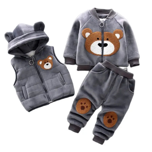 Warmer 3-teiliges Winter-Set für Babys – Kapuzenjacke mit Bärenmotiv, Weste & Hose – Baumwoll-Fleece für Jungen & Mädchen (1–3 Jahre)