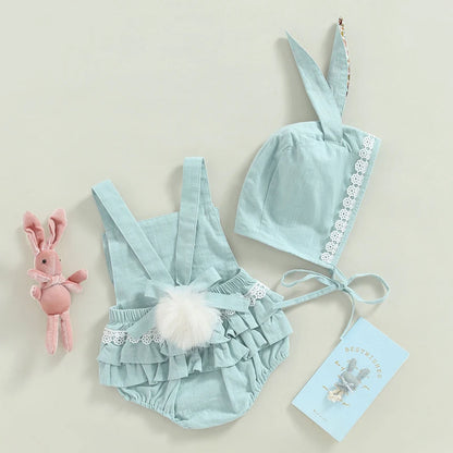 2-teiliges Sommer-Outfit für Baby Mädchen – Ärmelloser Floral-Print Romper mit Hasenohren & Cartoon-Hut – Perfekt für Ostern (0–18 Monate)