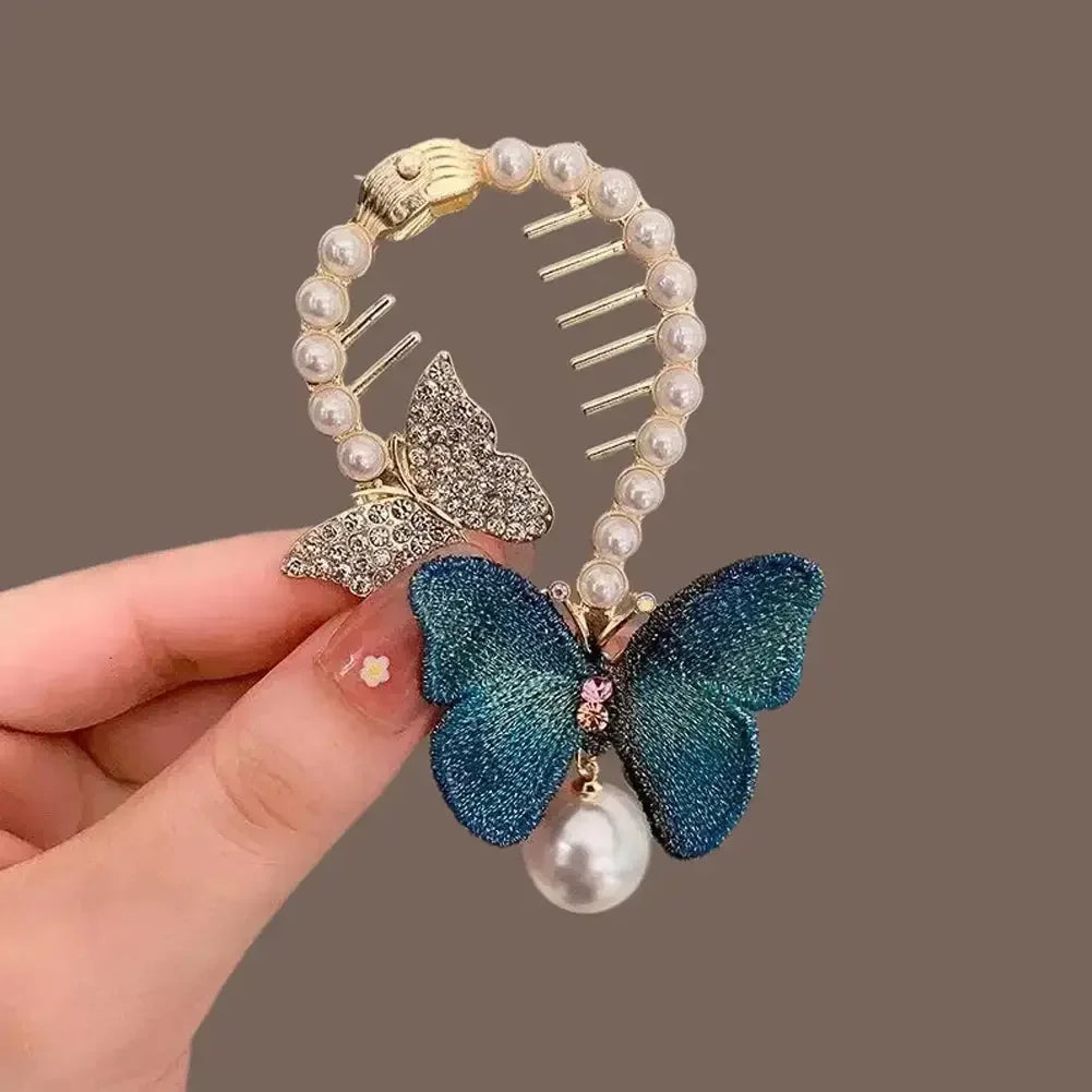 Elegante Haarkralle mit Blumen-Quaste – Schmetterling, Strass & Perlen – Haarclip für Damen | Dutt- & Zopfhalter Accessoire