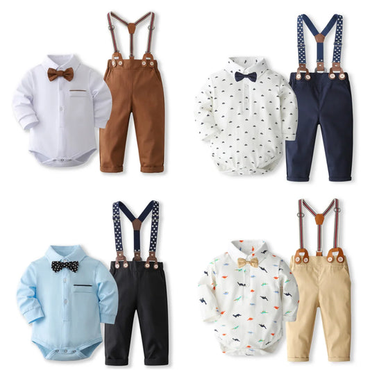 Elegantes Baby-Jungen Outfit – 4-teilig: Langarm-Body, Hose, Hosenträger & Fliege – für Geburtstag, Hochzeit & Feste (0–24 Monate)