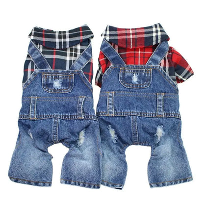 Hund / Katze Jeans-Hoodie Jumpsuit – Kariertes Denim-Outfit mit Kapuze für Frühling & Herbst – 4 Farben