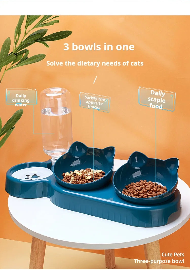 3-in-1 Katzennapf mit Wasserspender – Neigbares Design mit Ohrenform für Futter, Wasser und Nackenschutz