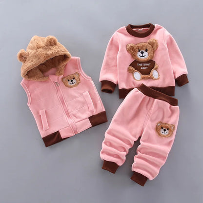 Warmer 3-teiliges Winter-Set für Babys – Kapuzenjacke mit Bärenmotiv, Weste & Hose – Baumwoll-Fleece für Jungen & Mädchen (1–3 Jahre)