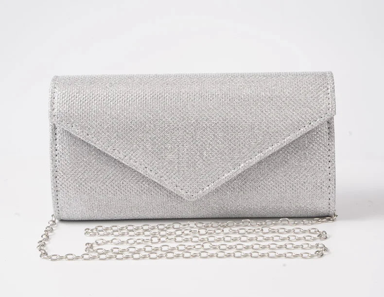 Damen Glitzer Clutch – Envelope-Abendtasche mit Kette in Silber – Elegante Mini-Handtasche für Hochzeit & Party