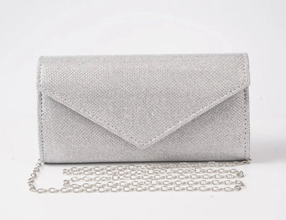 Damen Glitzer Clutch – Envelope-Abendtasche mit Kette in Silber – Elegante Mini-Handtasche für Hochzeit & Party