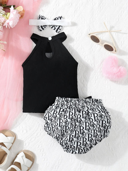 2-teiliges Sommer-Set für Neugeborene – Ärmelloses Top mit Halsband & Spitzenhöschen mit Schleifen – Herzmuster, süß & stilvoll (0–12 Monate)