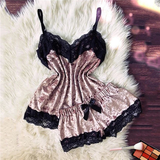 Verführerisches Damen-Schlafanzug-Set aus Samt – Trägertop mit Schleife & Shorts – Sexy V-Ausschnitt Homewear