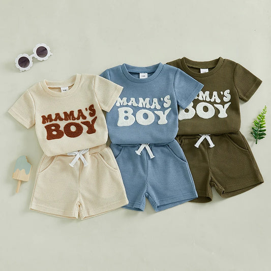 Sommer Baby Jungen 2-teiliges Outfit – T-Shirt mit Stickerei + Einfarbige Waffel-Shorts | Luftiges Freizeitset für Kleinkinder 6–36 Monate