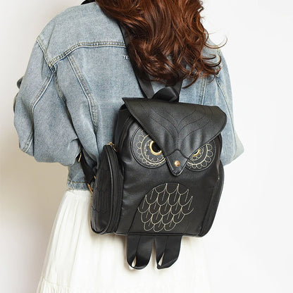 Damen Rucksack – Stylischer Eulen-Rucksack aus schwarzem PU-Leder mit Applikationen – Trendiger Begleiter für Alltag & Freizeit