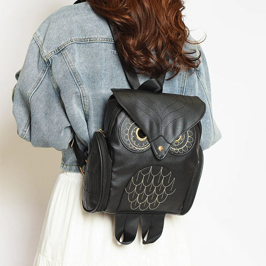Damen Rucksack – Stylischer Eulen-Rucksack aus schwarzem PU-Leder mit Applikationen – Trendiger Begleiter für Alltag & Freizeit