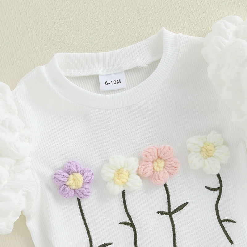 Sommer-Outfit für Kleinkinder Mädchen (6M–4J) – Häkelblumen T-Shirt mit Puffärmeln & A-Linien-Rock + Haarband