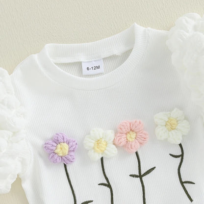Sommer-Outfit für Kleinkinder Mädchen (6M–4J) – Häkelblumen T-Shirt mit Puffärmeln & A-Linien-Rock + Haarband