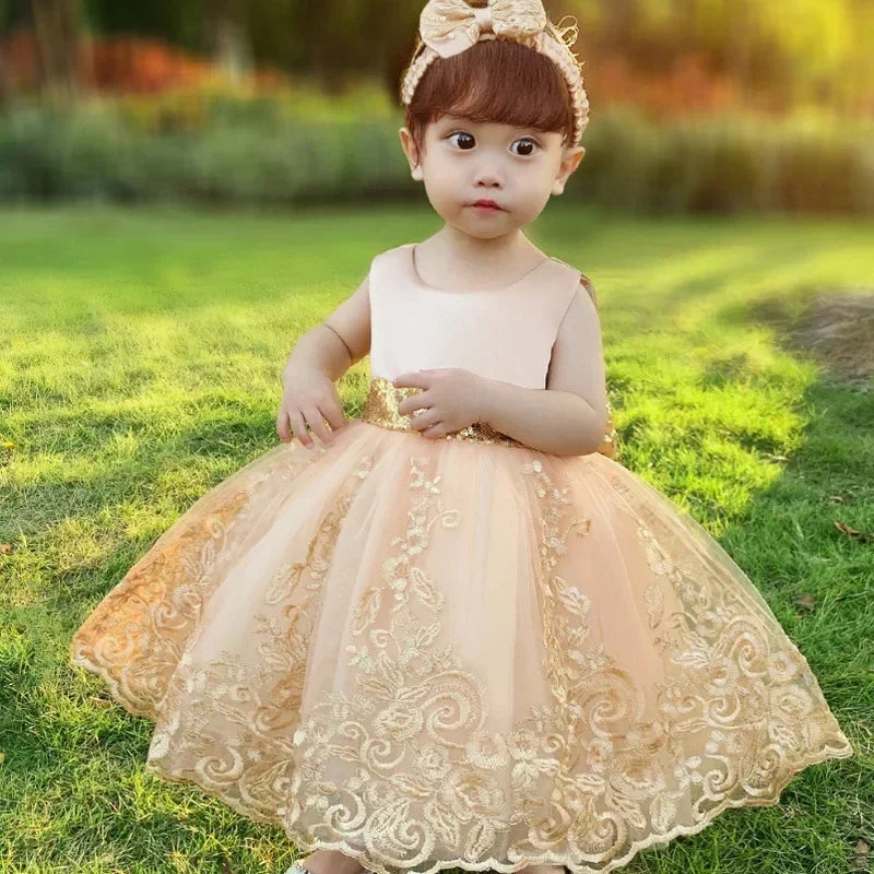 Sommerliches Prinzessinnenkleid für Mädchen – Ärmellos mit Rückenschleife & Pailletten – Festliches Kleid für Hochzeit, Party & Geburtstag
