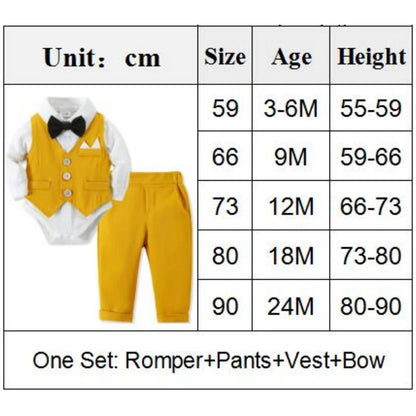 👔 Frühlings-Westenanzug für Jungen – Gentleman-Set mit Langarm-Body, Weste, Hose & Fliege (3–24 Monate)