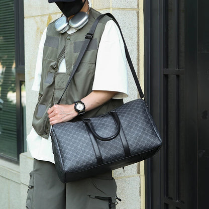 Herren Reisetasche – Schwarze PU-Ledertasche mit großem Fassungsvermögen und geometrischem Muster – Schultertasche für Business & Reisen