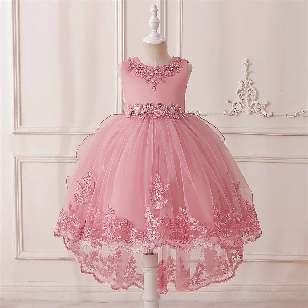 Prinzessinnenkleid für Mädchen mit Tüll & Stickerei – Rosa Partykleid mit Schleife & Schleppe – Für Geburtstag, Show & festliche Anlässe