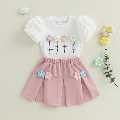 Sommer-Outfit für Kleinkinder Mädchen (6M–4J) – Häkelblumen T-Shirt mit Puffärmeln & A-Linien-Rock + Haarband