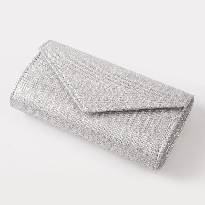 Damen Glitzer Clutch – Envelope-Abendtasche mit Kette in Silber – Elegante Mini-Handtasche für Hochzeit & Party