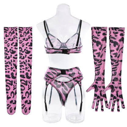 Sexy Lingerie Set in Pink Leopard Mesh – BH, Handschuhe & Beinlinge
