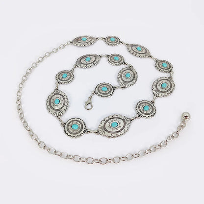 Boho Taillenkette für Damen – Silberfarbene Kette mit blauen Edelstein-Elementen | Eleganter Ellipsen-Look für Röcke & Kleider