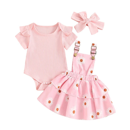 Frühlings-Outfit für Baby-Mädchen – 3-teilig: Kurzarm-Ripp-Body, Trägerrock & Haarband – von Pudcoco (0–18 Monate)