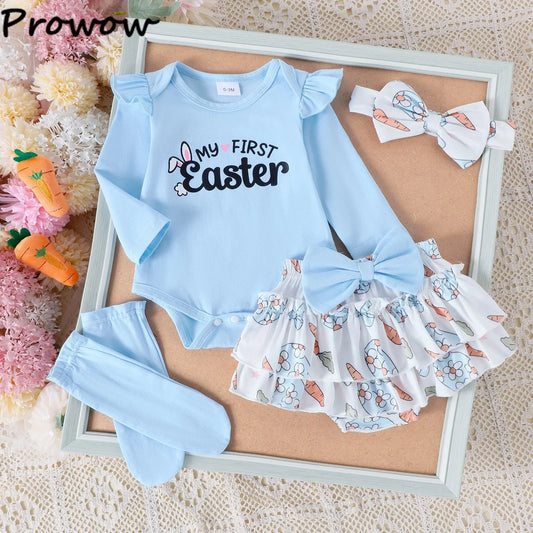 My First Easter” Baby-Mädchen-Outfit – 4-teilig: Hasen-Body, Karotten-Shorts, Socken & Haarband – von Prowow