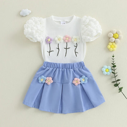Sommer-Outfit für Kleinkinder Mädchen (6M–4J) – Häkelblumen T-Shirt mit Puffärmeln & A-Linien-Rock + Haarband