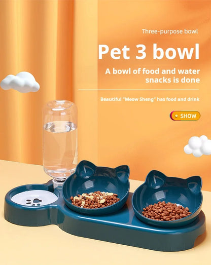 3-in-1 Katzennapf mit Wasserspender – Neigbares Design mit Ohrenform für Futter, Wasser und Nackenschutz