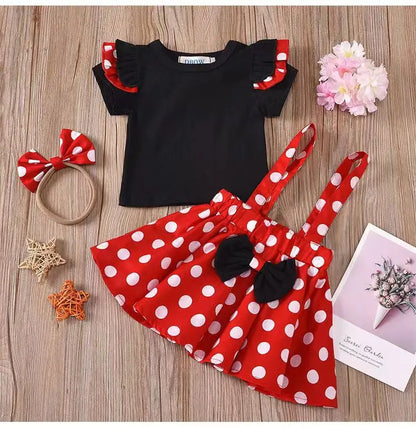 Sommer-Outfit für Mädchen (1–4 Jahre) – Schwarzes T-Shirt mit kurzen Ärmeln, gepunkteter Rock & Haarband – 3-teiliges Set