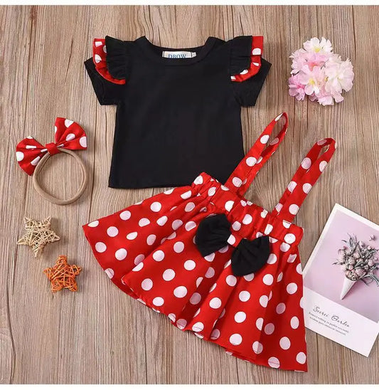 Sommer-Outfit für Mädchen (1–4 Jahre) – Schwarzes T-Shirt mit kurzen Ärmeln, gepunkteter Rock & Haarband – 3-teiliges Set