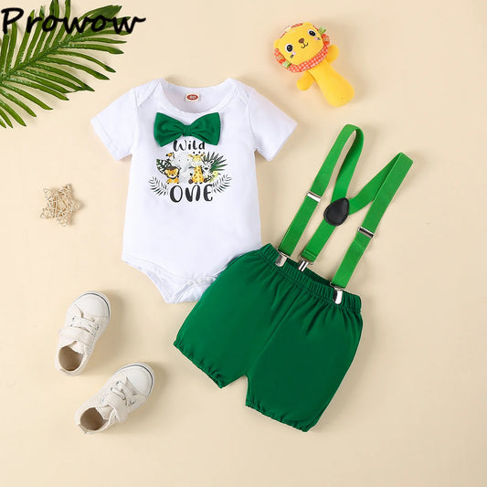 „Mein 1. Geburtstag“ Baby Jungen Outfit – Kurzarm-Body mit Tier-Print & Zahl „1“ + Hosenträger-Shorts – Perfektes Cake Smash Set für Sommer & Party