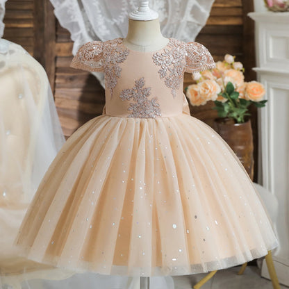 Vintage Prinzessinnenkleid mit Spitze & Stickerei – Luxuriöses Partykleid für Mädchen mit Rüschen & Goldakzenten (1–5 Jahre)