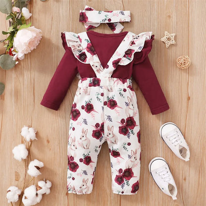 Baby Mädchen 3-teiliges Outfit – Langarm-Romper mit Blumen-Trägerhose & Stirnband | Weiches Baumwollset für Frühling & Herbst (0–24 Monate)
