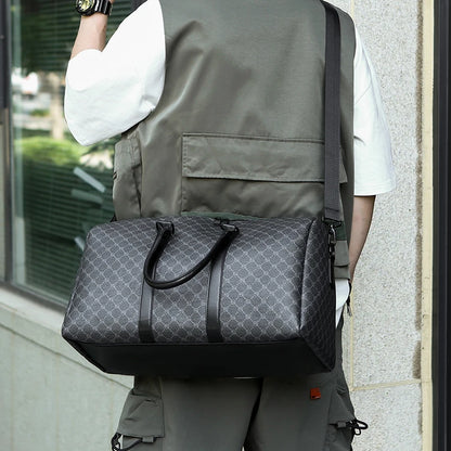 Herren Reisetasche – Schwarze PU-Ledertasche mit großem Fassungsvermögen und geometrischem Muster – Schultertasche für Business & Reisen