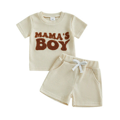 Sommer Baby Jungen 2-teiliges Outfit – T-Shirt mit Stickerei + Einfarbige Waffel-Shorts | Luftiges Freizeitset für Kleinkinder 6–36 Monate