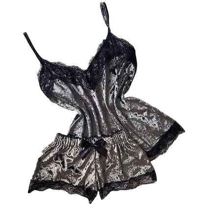 Verführerisches Damen-Schlafanzug-Set aus Samt – Trägertop mit Schleife & Shorts – Sexy V-Ausschnitt Homewear