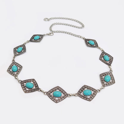 Boho Taillenkette für Damen – Silberfarbene Kette mit blauen Edelstein-Elementen | Eleganter Ellipsen-Look für Röcke & Kleider