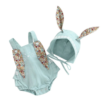 2-teiliges Sommer-Outfit für Baby Mädchen – Ärmelloser Floral-Print Romper mit Hasenohren & Cartoon-Hut – Perfekt für Ostern (0–18 Monate)