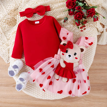 Frühlings-Outfit für Baby-Mädchen – 3-teilig: Langarm-Body, Herzträgerrock & Haarband (0–18 Monate)