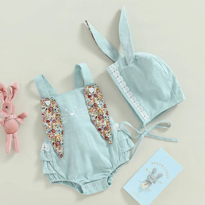 2-teiliges Sommer-Outfit für Baby Mädchen – Ärmelloser Floral-Print Romper mit Hasenohren & Cartoon-Hut – Perfekt für Ostern (0–18 Monate)